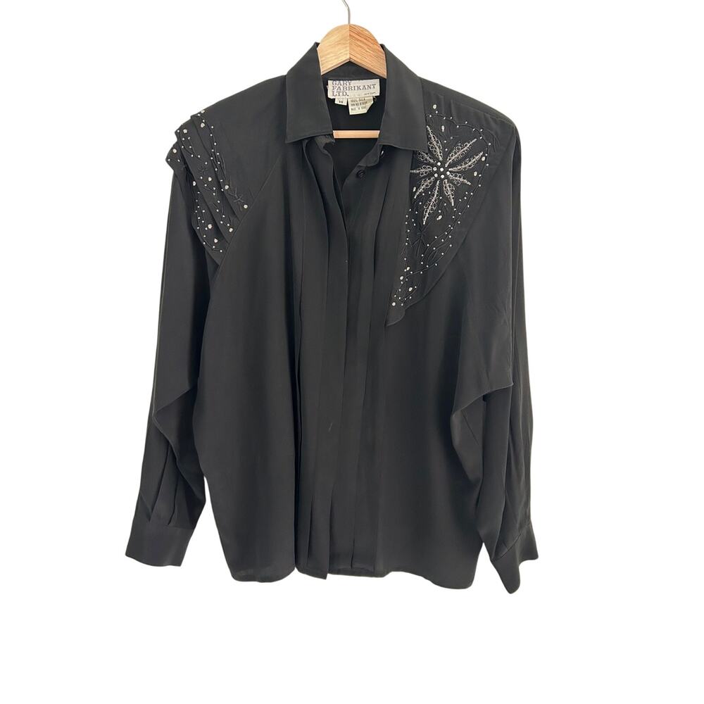 Gary Fabrikant Vintage Silk Shirt Womens SZ14 Black Beaded Western 80s 90s - Picture 6 of 8